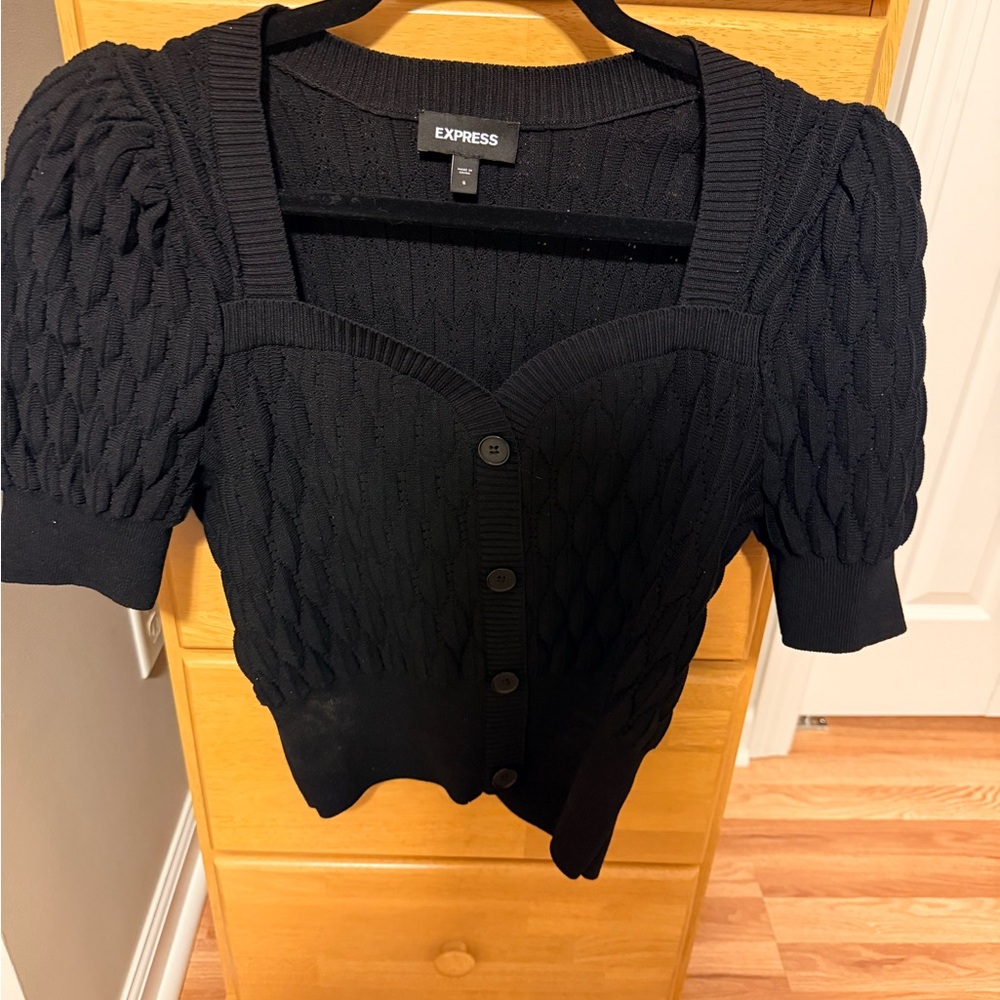 Express Black Puff Sleeve Cable-Knit Cardigan